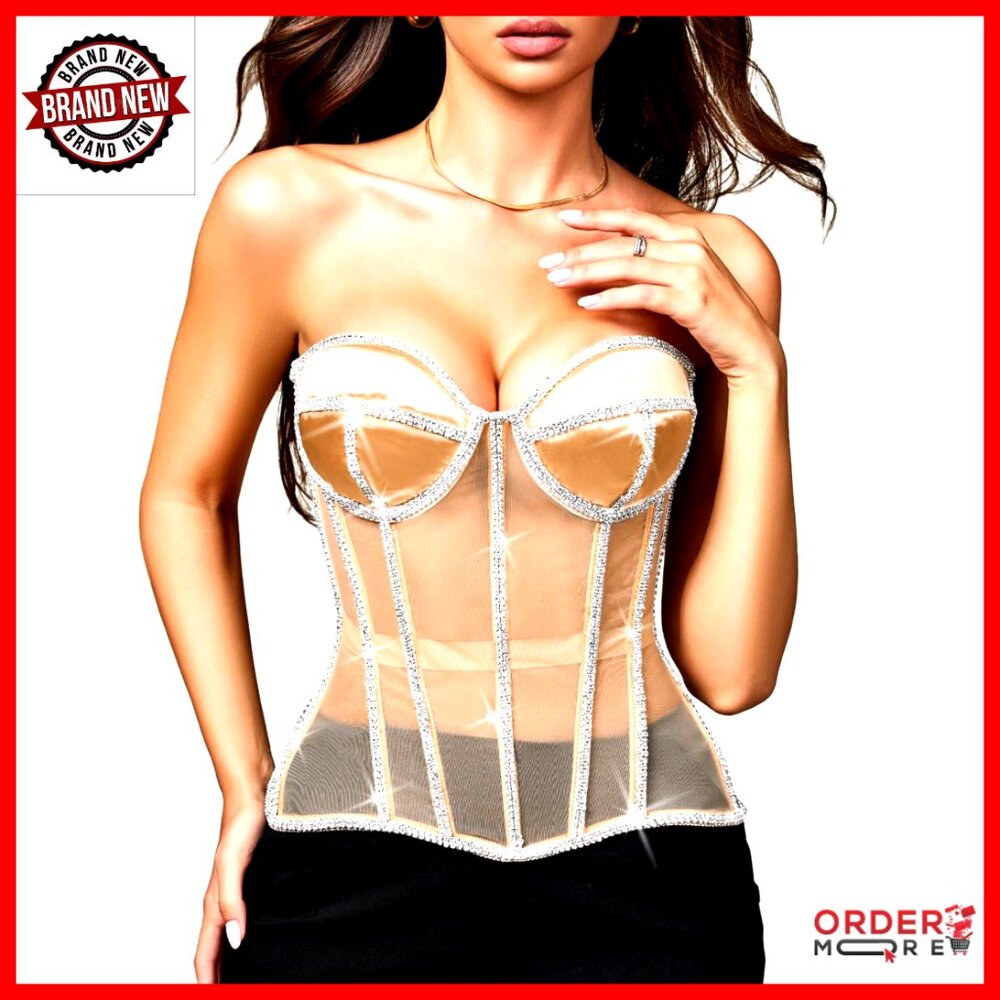 Sheer Mesh Corset Rhinestone Strapless Lace Up Shapewear Elegant Glitter Top